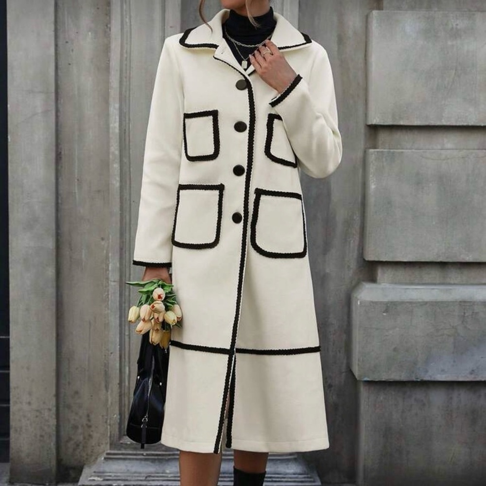 CONTRAST QUEEN Elegant Mid-Length Cream Coat with Black Braided Trim SMALL